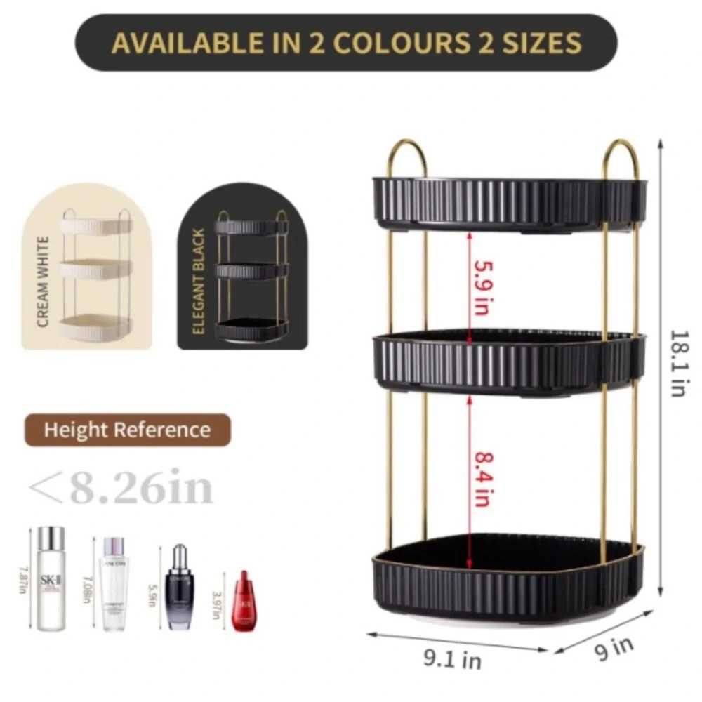 3 Tiers - 360° Turntable Makeup Organizer - Lazy Susan Cosmetics Storage